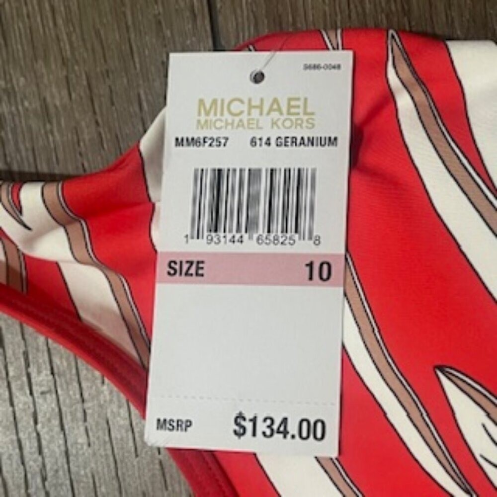 NEW Michael Kors 1 Piece Racerback Red Striped Swimsuit Women’s Sz 10 NWT