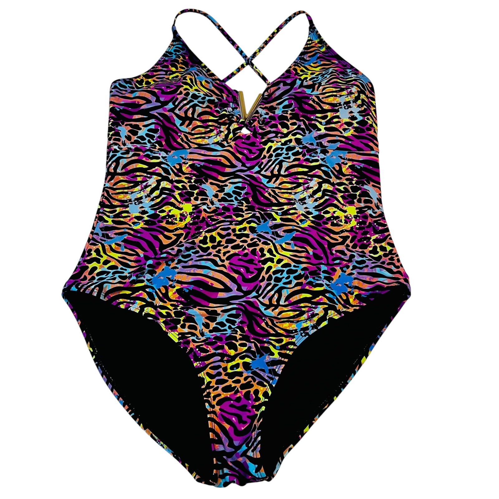 White Birch XL Neon Animal Print One Piece Swimsuit Strappy Back