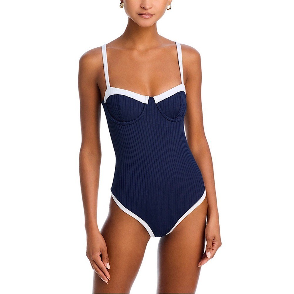 Aqua Swim Underwire One Piece Swimsuit Navy Blue White LARGE