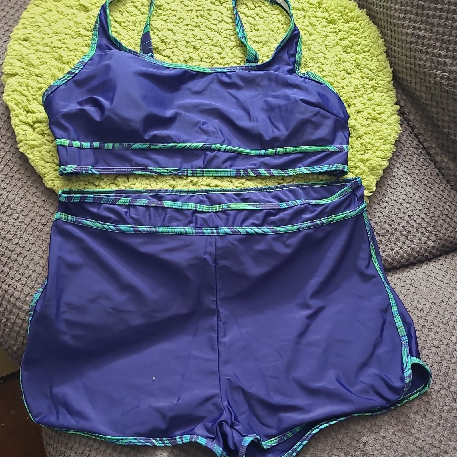 Women’s XXL Blue & Green Leaf Competitive Swimwear Set Zip Jacket Shorts