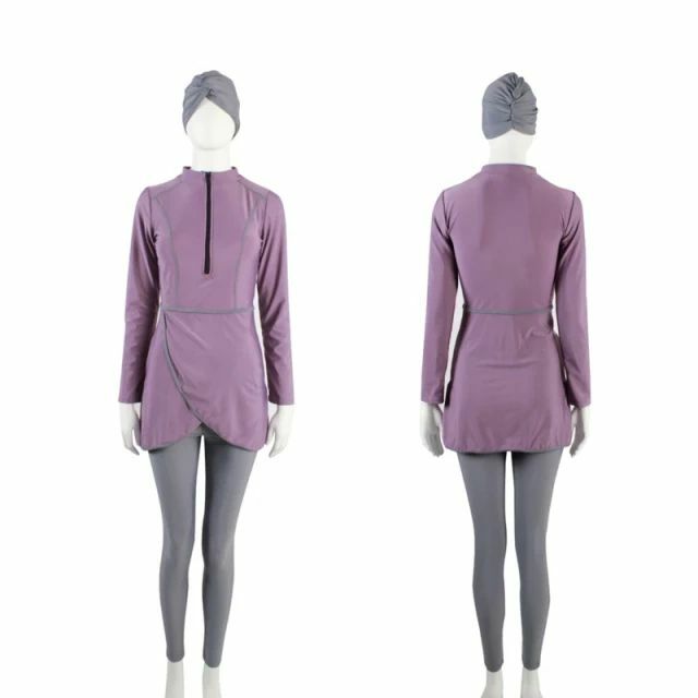 Female Modest Swimsuit Full Coverage Purple and Gray