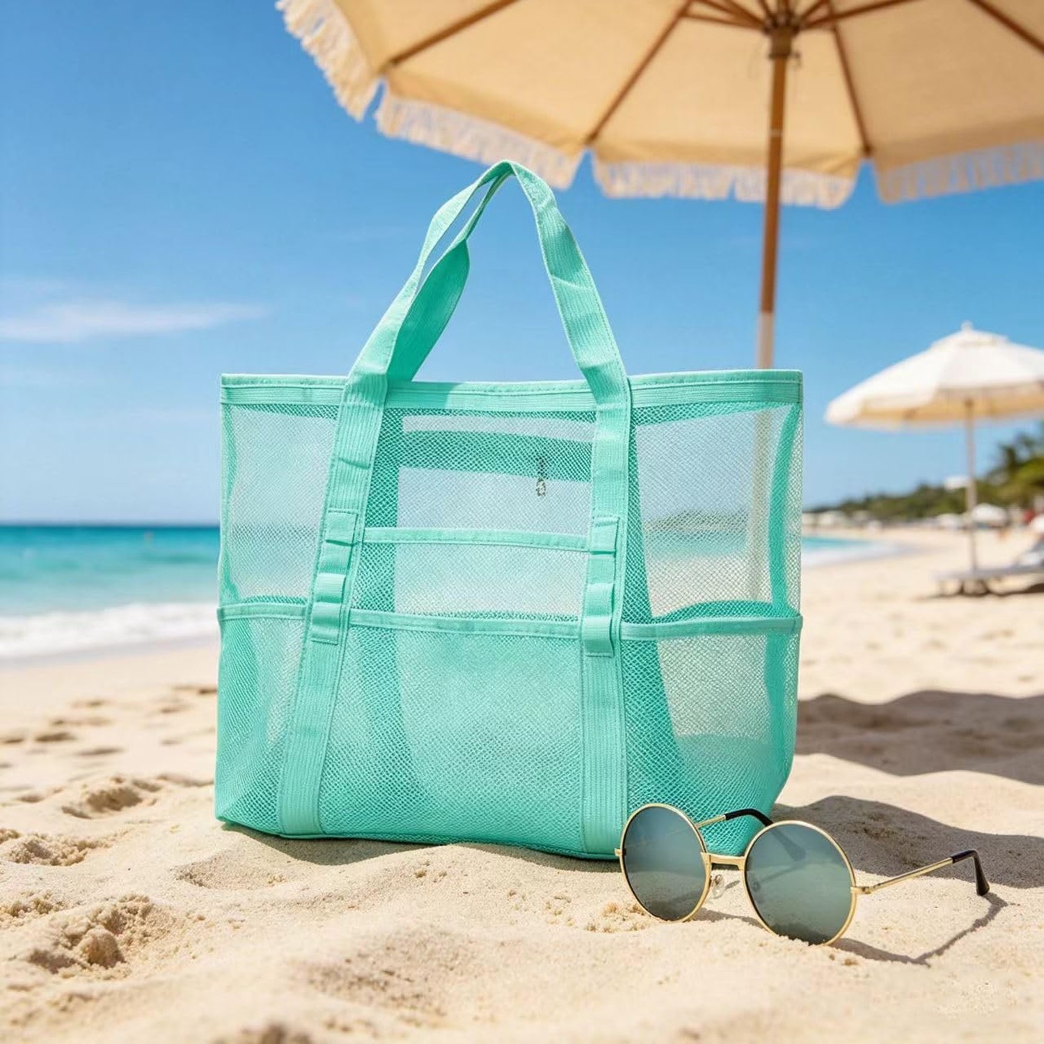 Mesh Beach Tote with Zipper Pockets,with a pair of Sunglasses X-Large Blue