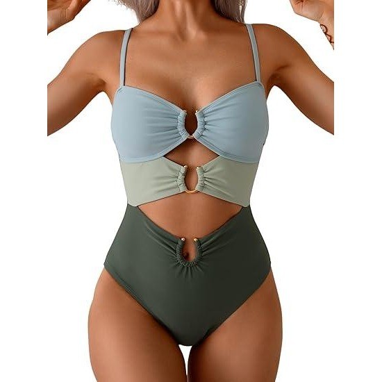 MSRP $48 Eomenie Women’s S Green Color Block Cutout One Piece Swimsuit with Ri