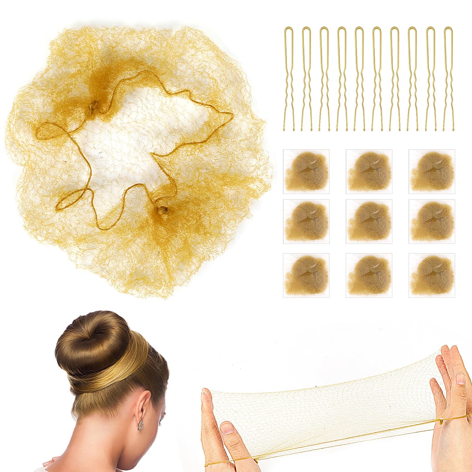 Blonde Ballet Bun Hair Net Set for Girls and Women – 20 Elastic Mesh Invisible H