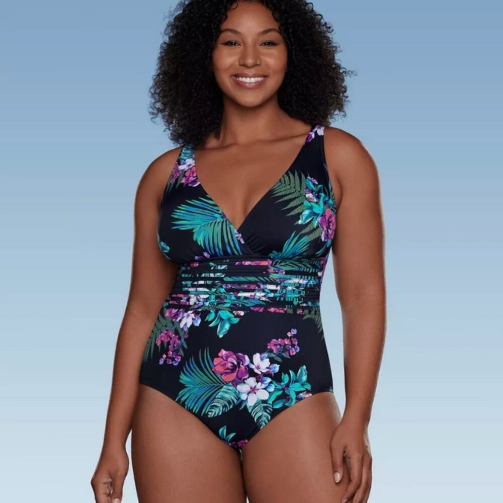 Waist Detail Over the Shoulder One Piece Swimsuit – Aqua Green® Black Foral XL