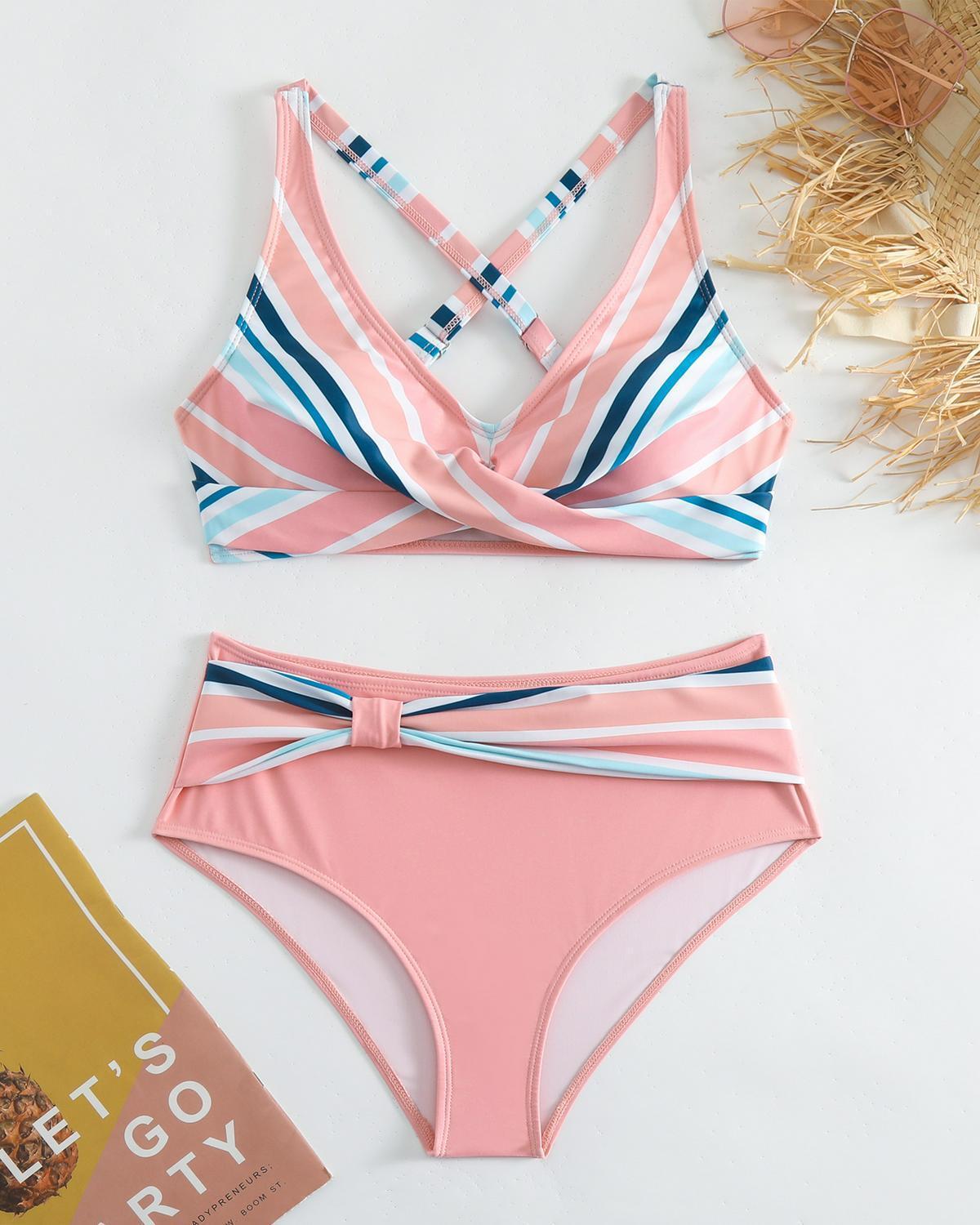Women’s Striped Swim Top Adjustable Bikini Swimwear