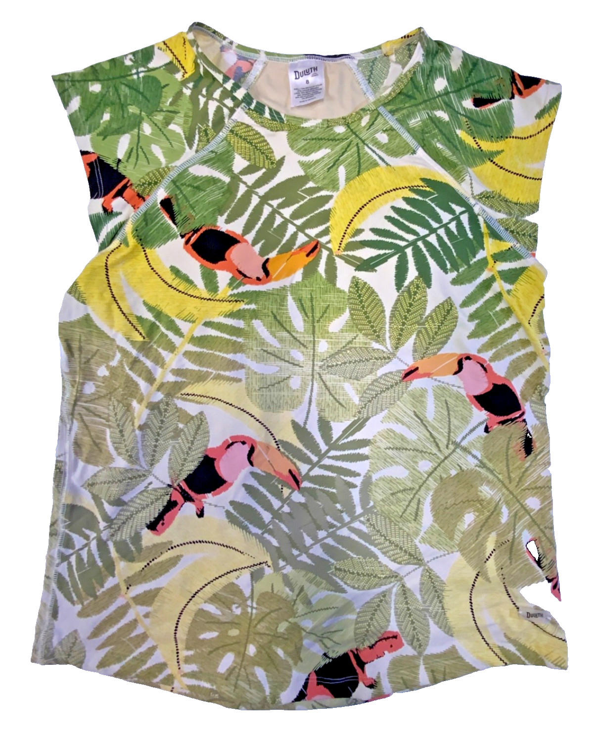 Duluth Trading Swim Top Sz 8 Built-in Bra Tropical Toucan Rash Guard