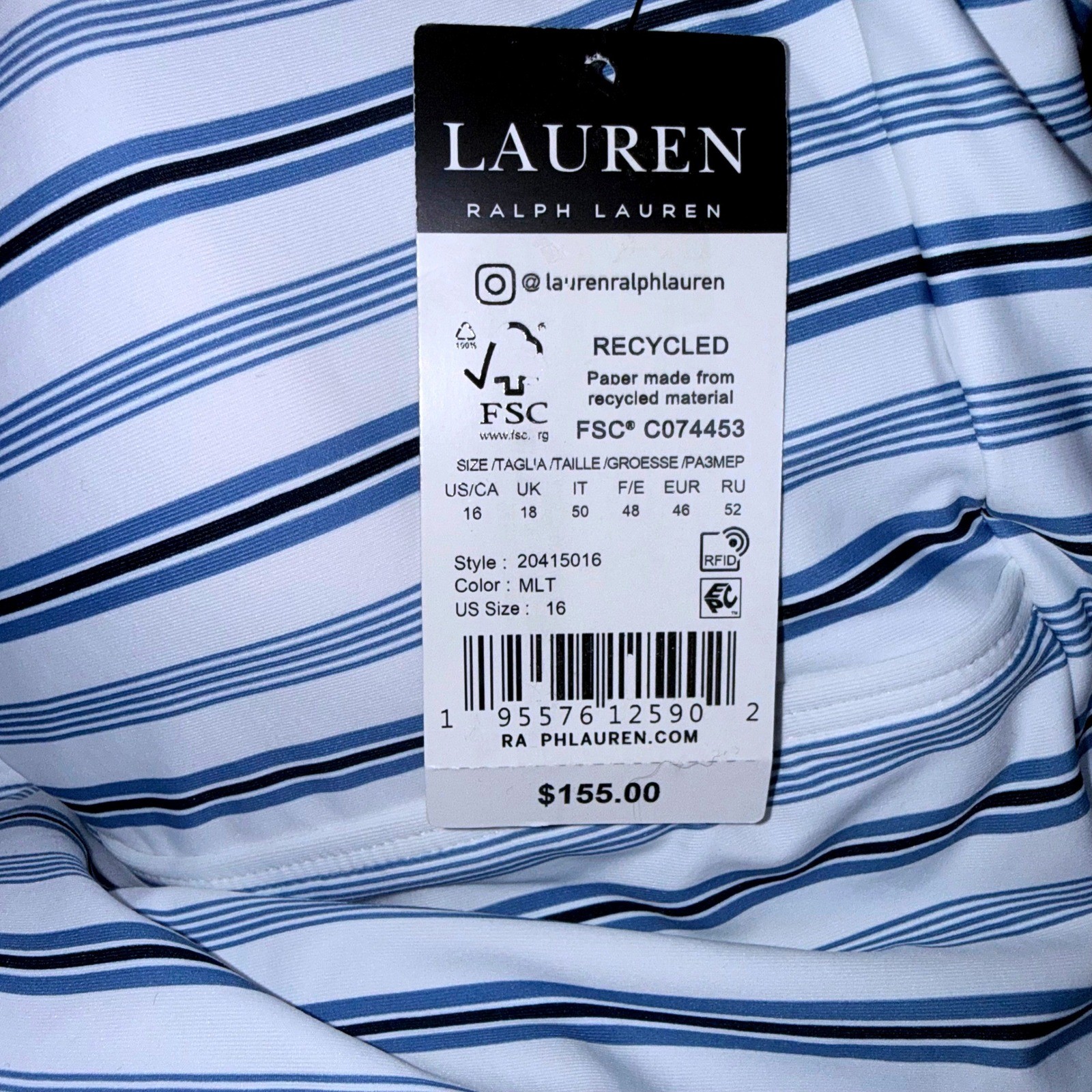 Lauren Ralph Lauren LRL Womens Size 16 Blue Striped 1 Piece Swimsuit NWT