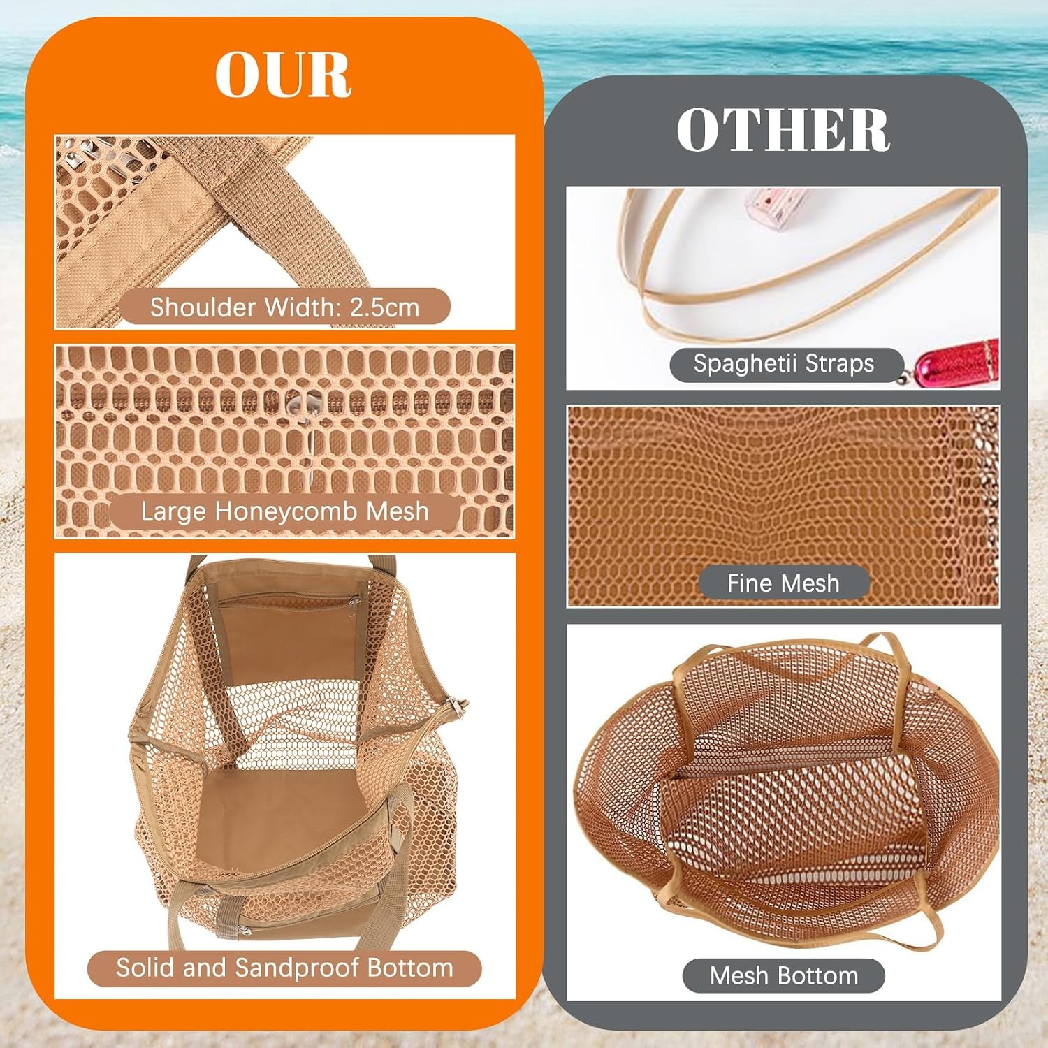 Women’s Mesh Beach Bag, Stylish Beach Tote for Swimming, Travel & Vacatio