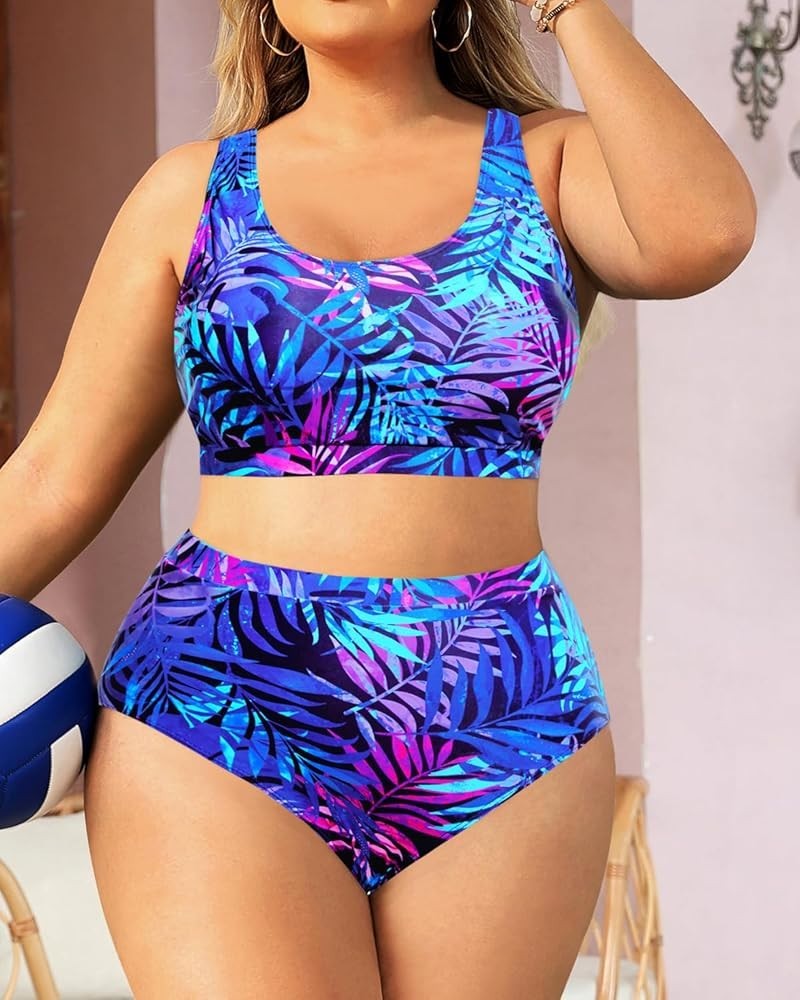 High Waisted Bikini Set Sport Bra Scoop Neck Swimsuit Plus Size 22W New