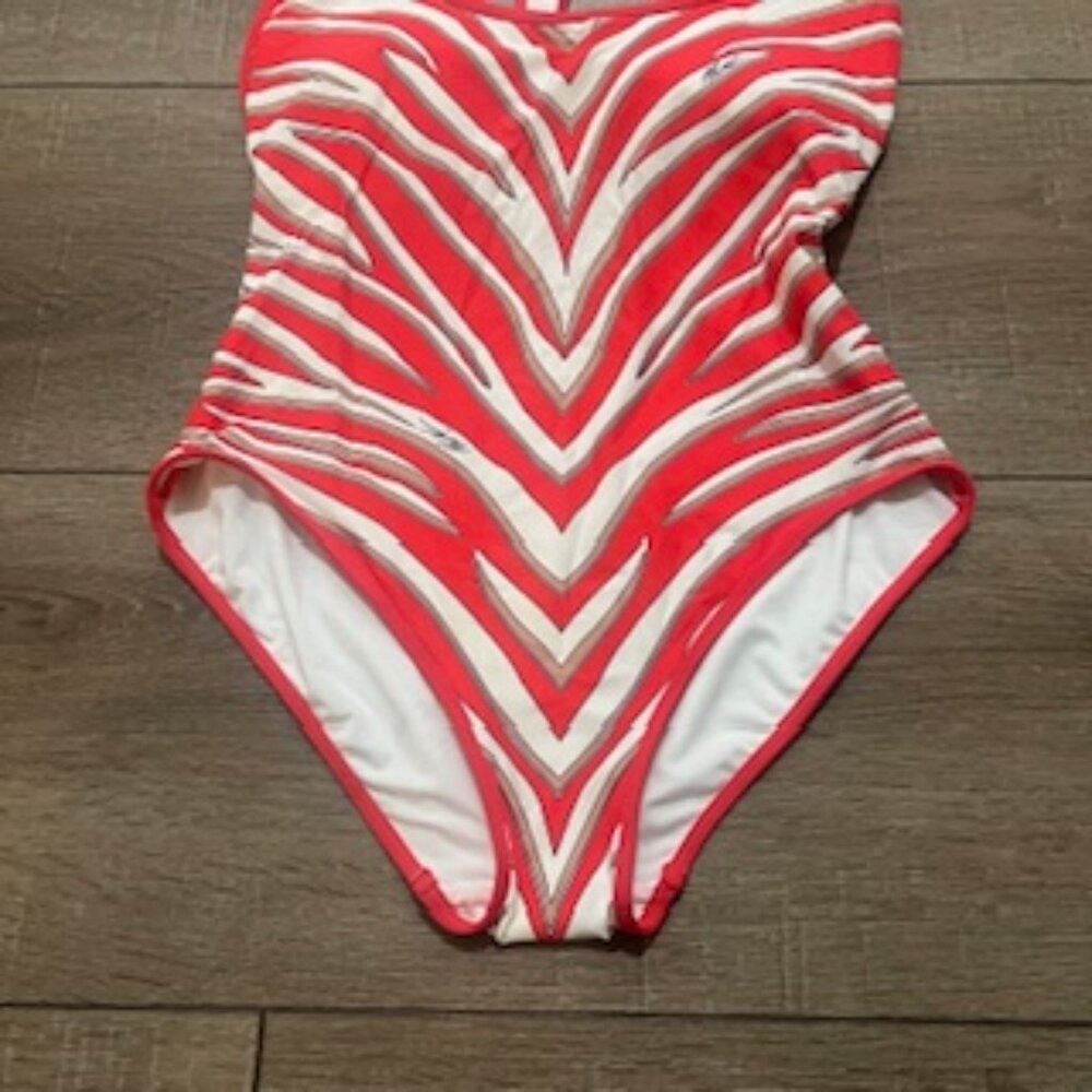 NEW Michael Kors 1 Piece Racerback Red Striped Swimsuit Women’s Sz 10 NWT