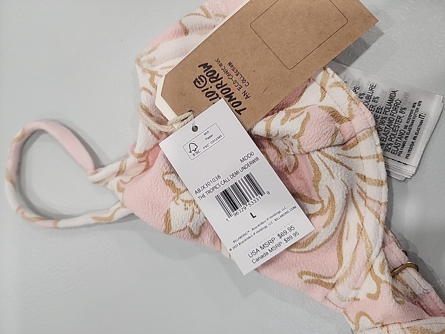 NEW Billabong The Tropics Call Demi Underwire Swim Bra Top FEELING PEACH LARGE