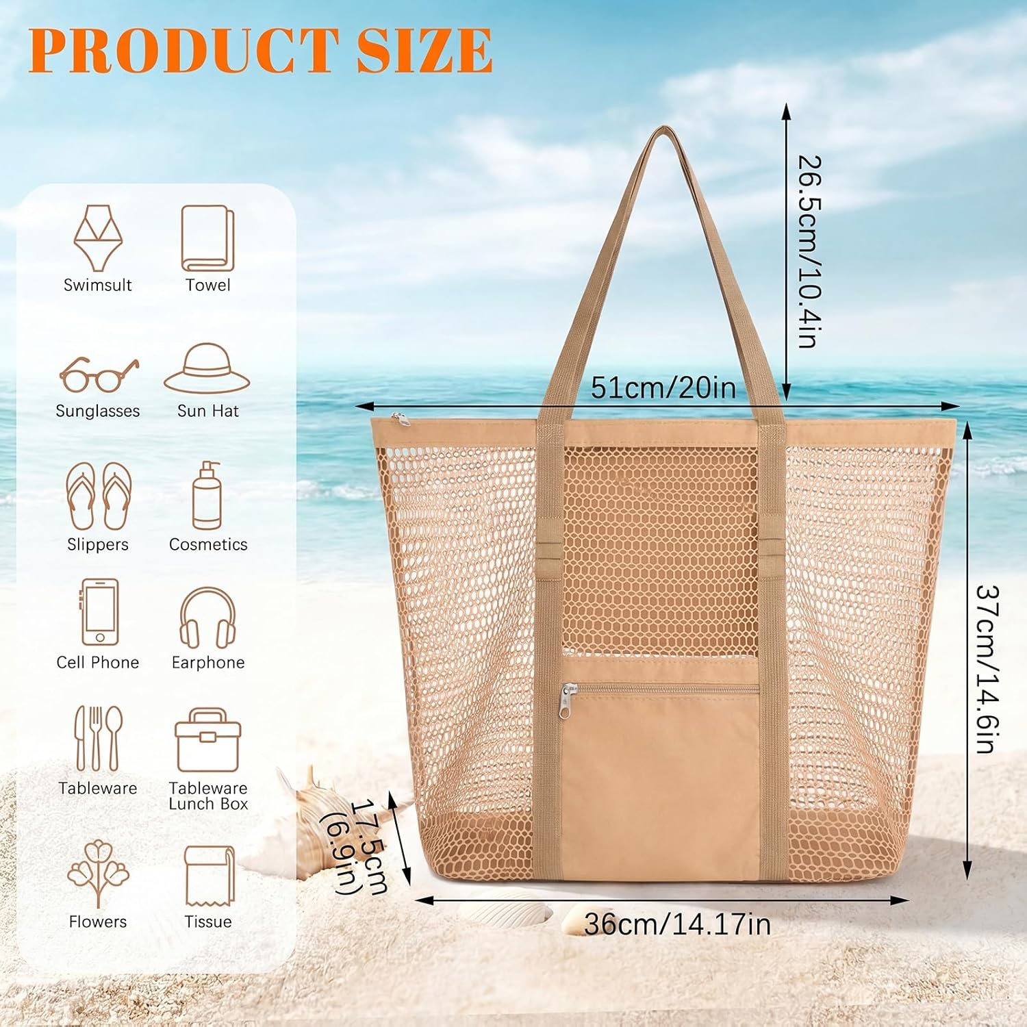 Women’s Mesh Beach Bag, Stylish Beach Tote for Swimming, Travel & Vacatio