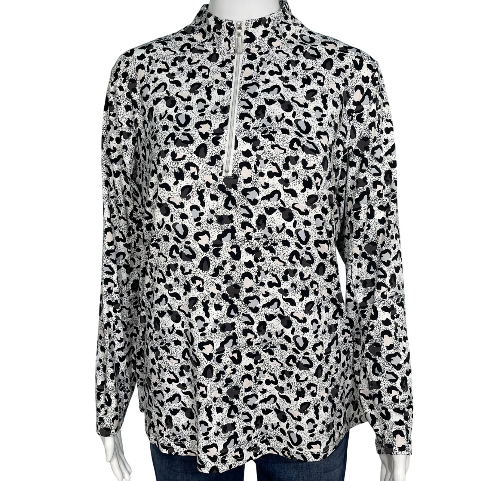 Anthony’s Resort Wear Leopard Print Quarter Zip Long Sleeve UPF 50 Women M