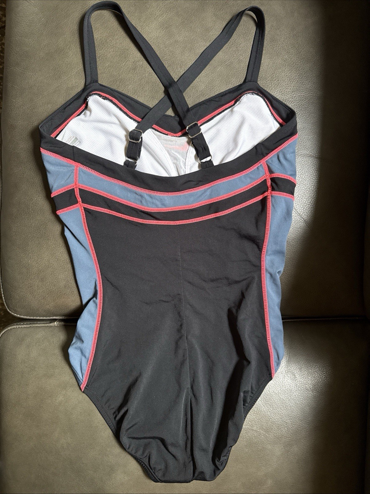 NIKE One Piece Swimsuit Sz 12 Black Neon Red Colorblock X-Strap Back Athletic