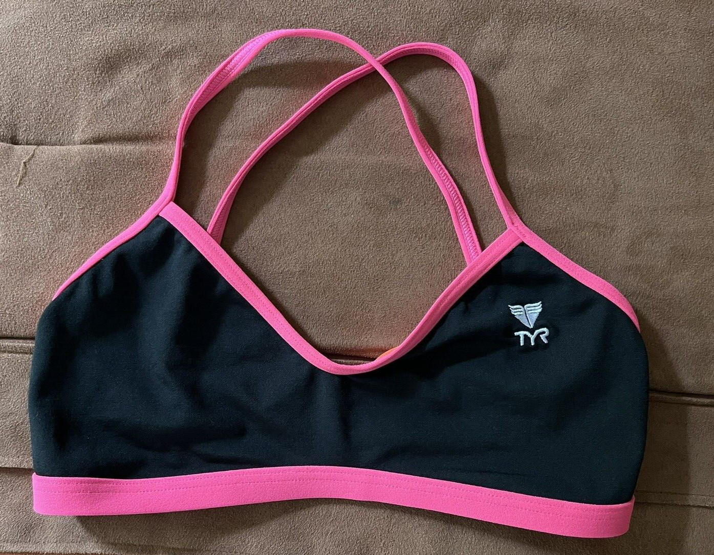 TYR Bikini Top Athletic Crisscross Strappy Black W/ Pink Trim Swimwear S (4/6)