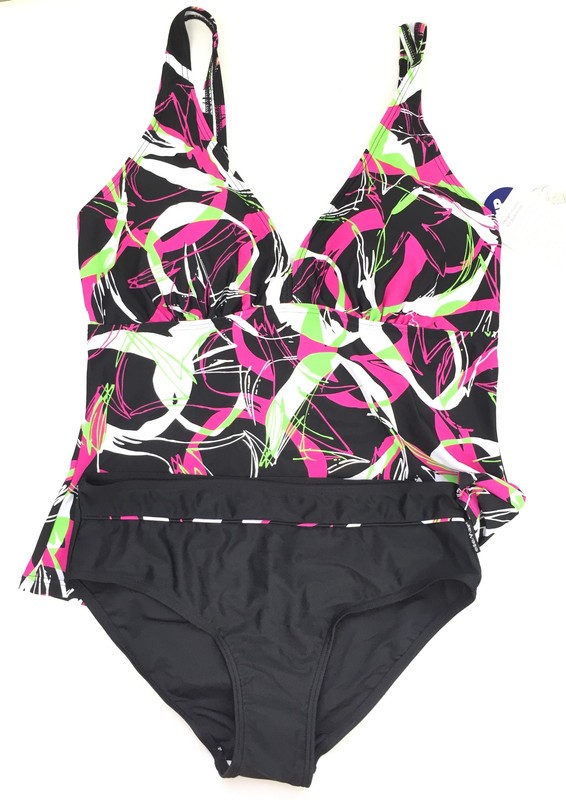 ELEMAR Ladies tankini swimsuit, 2-piece set, swimming, black and pink-white, 40D