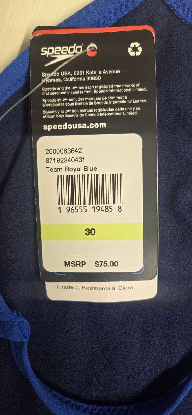 Speedo Endurance Swimsuit Racing Cut Royal Blue Size 30