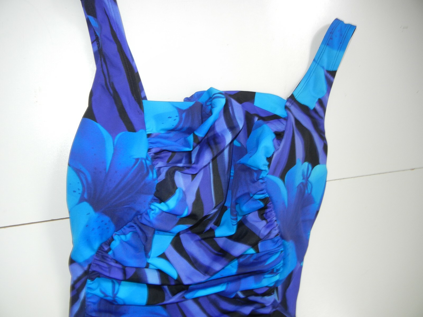 Vtg 80s 90s ROBBY LEN Bright Blue FLORAL SWIM SUIT Summer Pool Beach Women 22-W