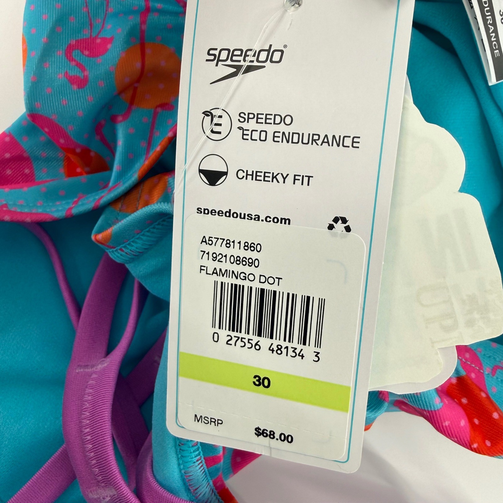 Speedo Eco Endurance Flamingo Dot One Piece Swimsuit Blue Pink Size 30/XS