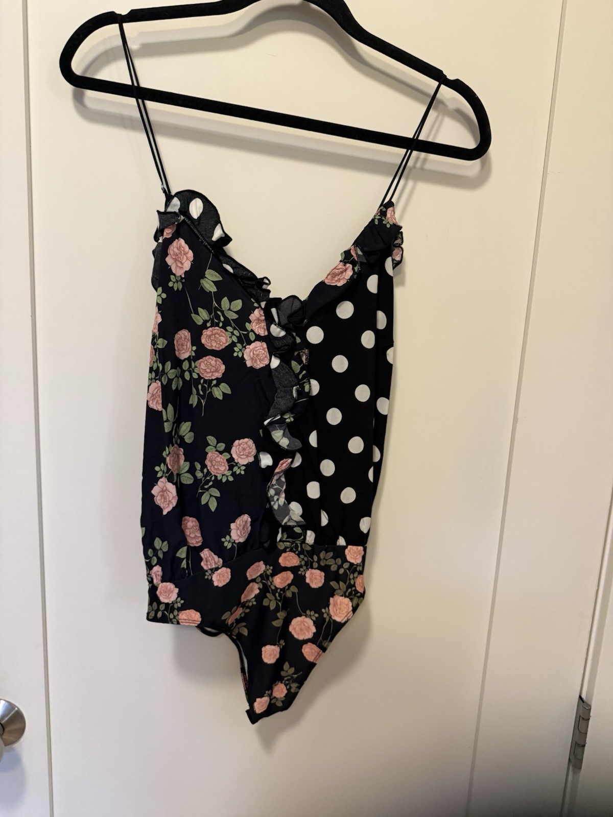 EEUC For Love & Lemons black polka dot floral “Mochi” thong bodysuit M $169