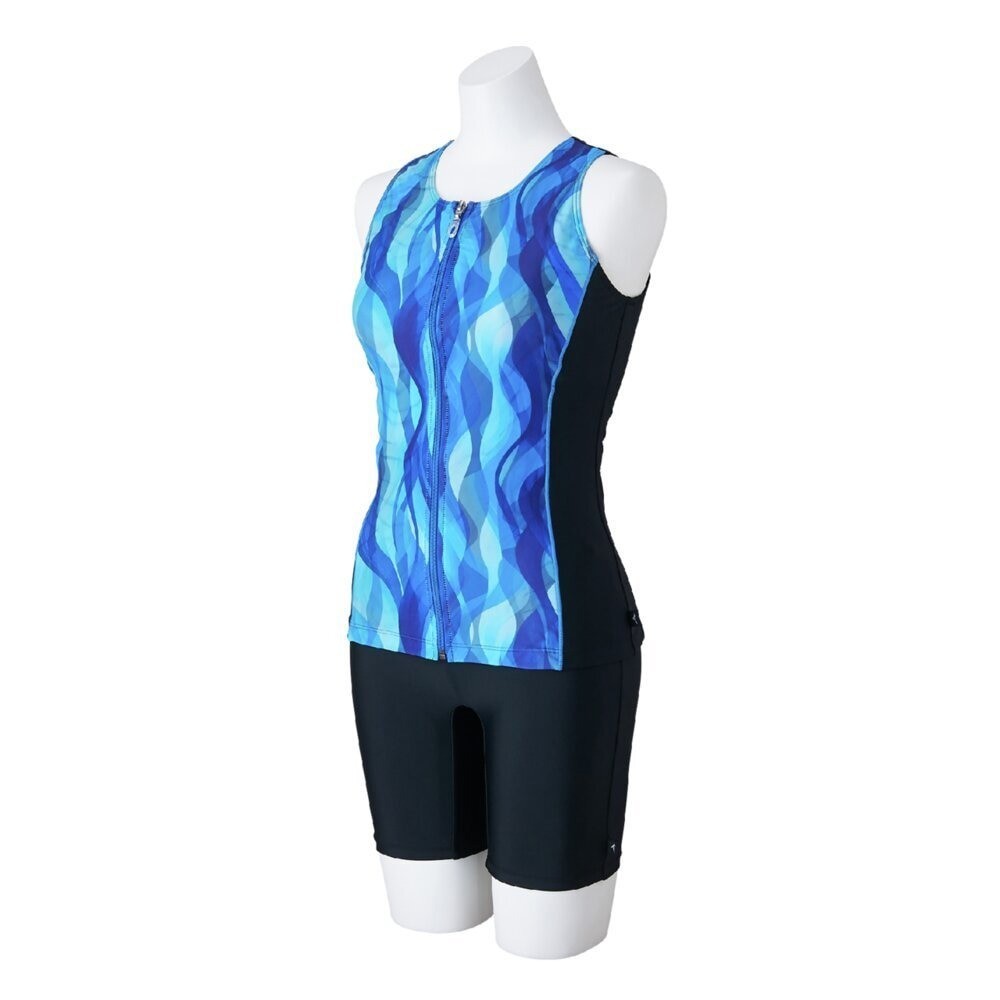 Mizuno Women’s Aqua Fitness Two-Piece Suit Front Zip Tank Top Black/Blue Hawaii