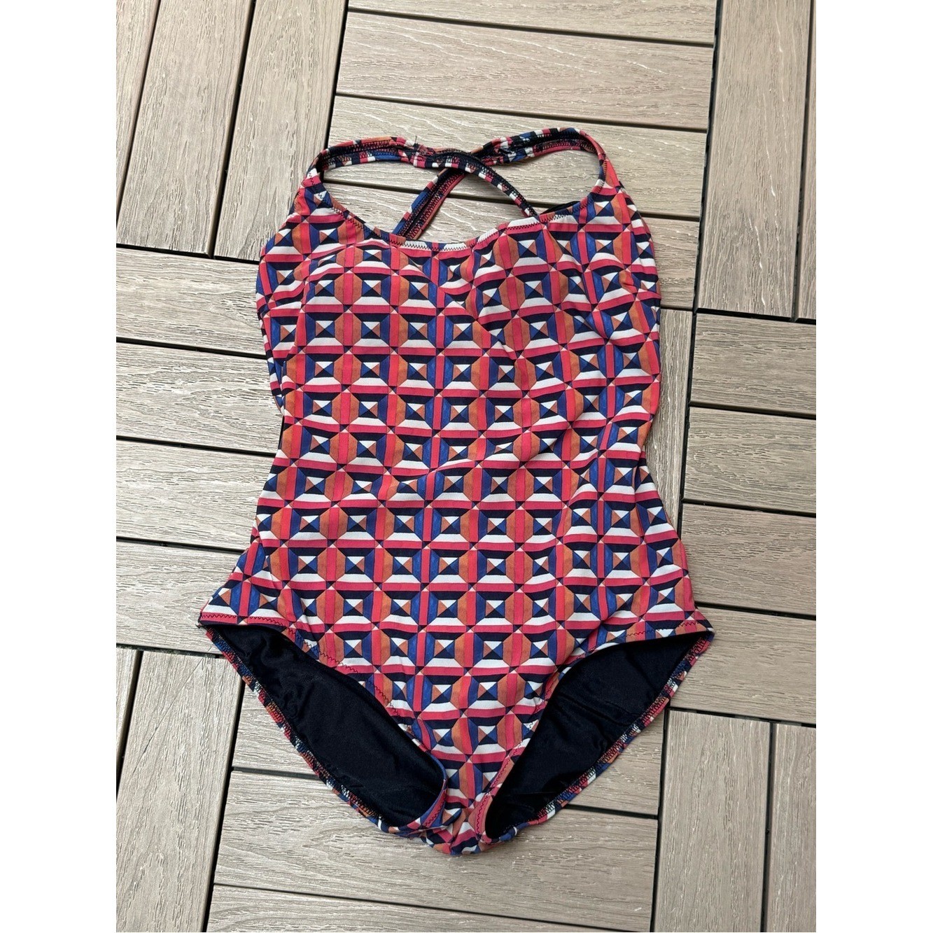 Geometrical blue black red one piece swim