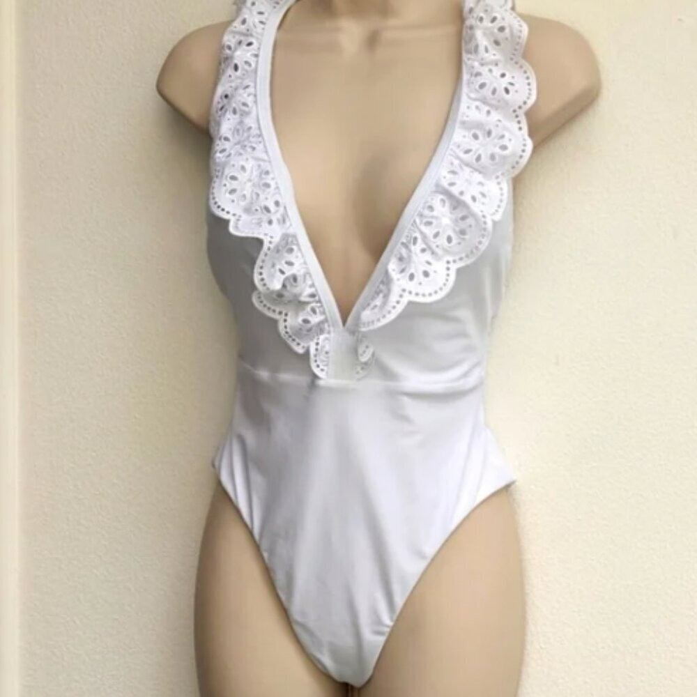 White Swimsuit Size L Eyelet Ruffle Plunge Cheeky Monokini Bachelorette