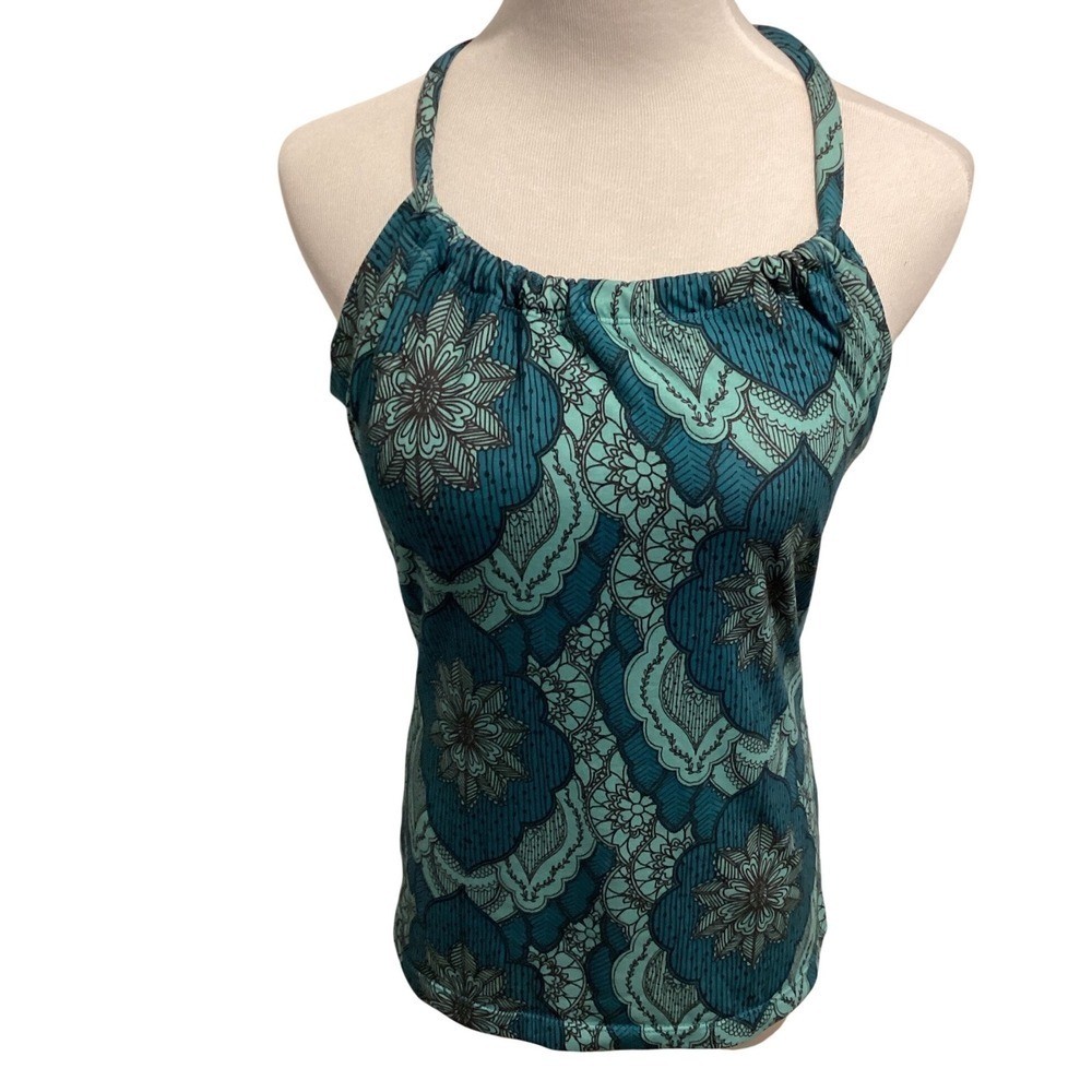 Prana Teal Floral Mandala Halter T-Back Swim Tankini Top Built-in Bra Womens L