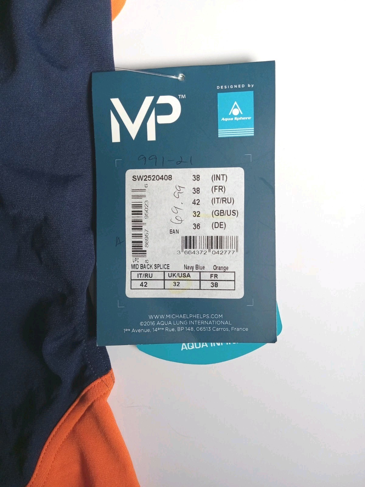 Michael Phelps Comp Back Splice Navy Blue Orange One Peice Swimsuit Size 32 NWT