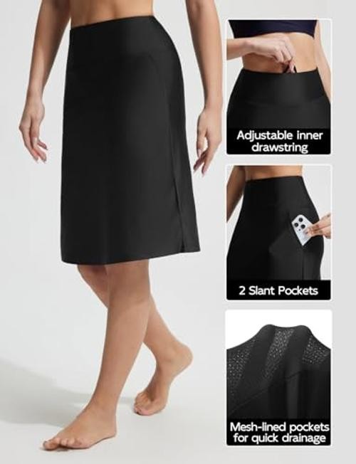 23″ Women’s Swim Skort High Waisted Knee Length Long Swim Skirt Medium Black