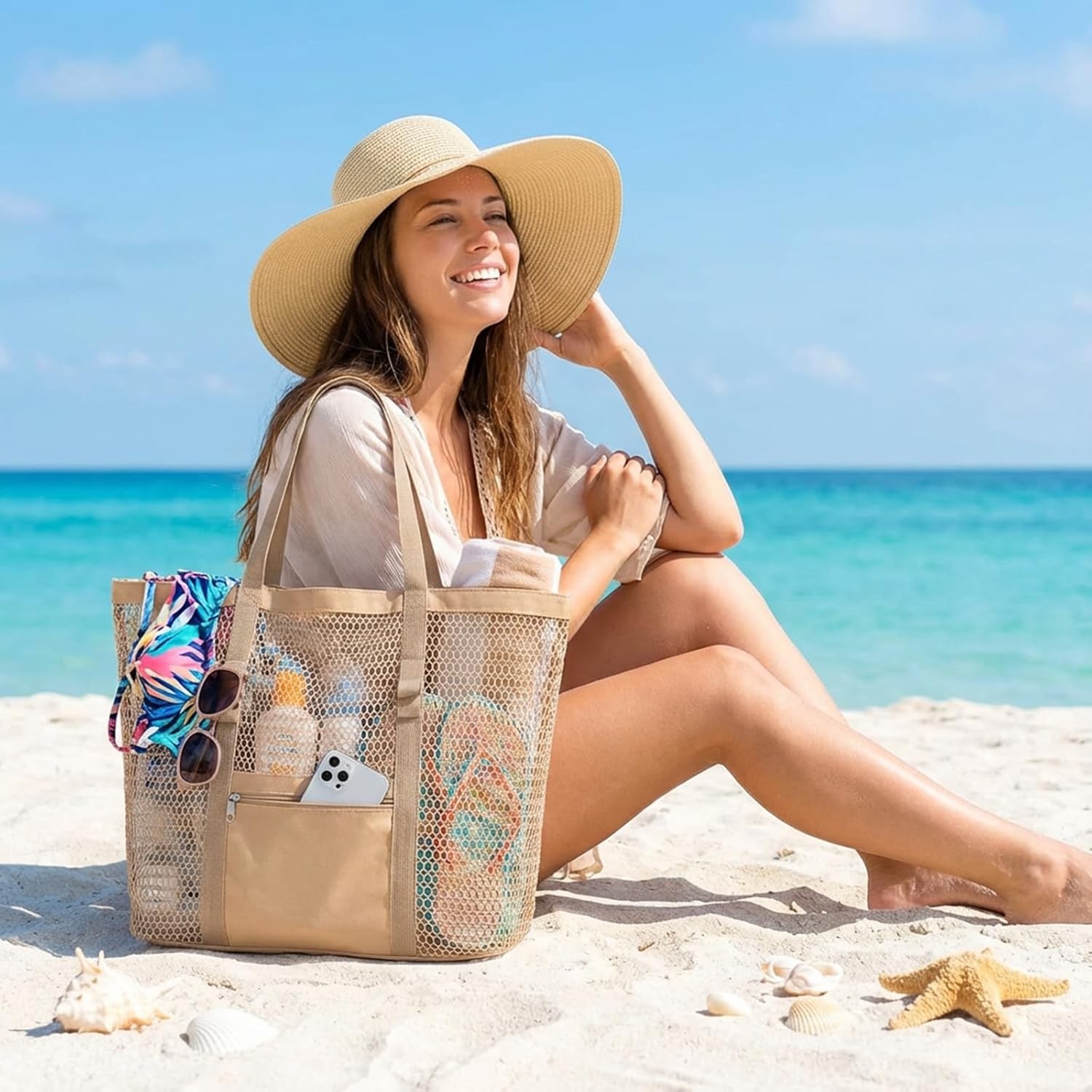 Women’s Mesh Beach Bag, Stylish Beach Tote for Swimming, Travel & Vacatio