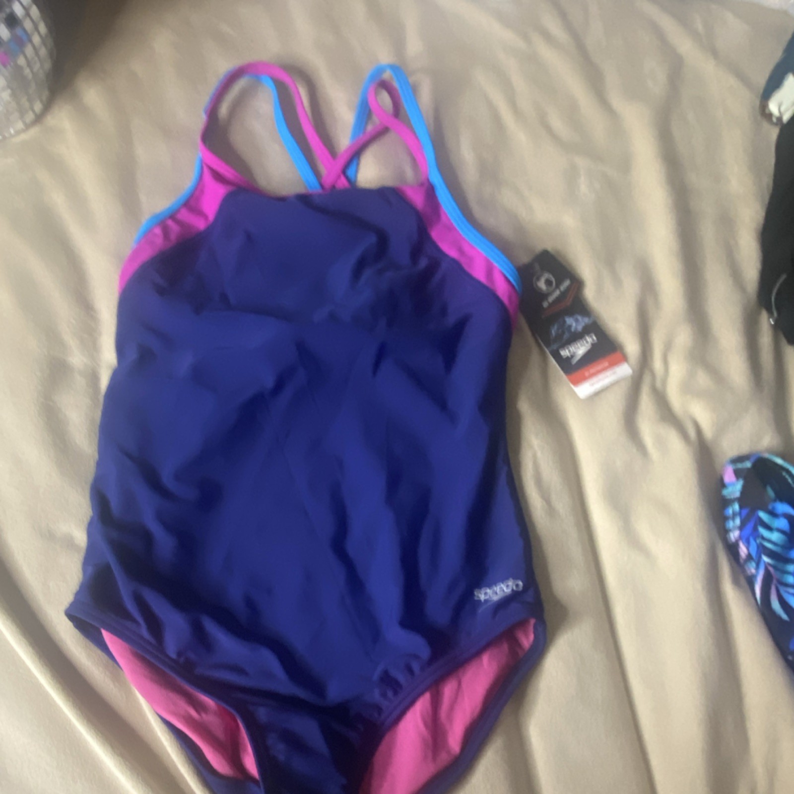 Speedo Cross Back One Piece Competitive Swimwear Navy Pink Blue Size 12