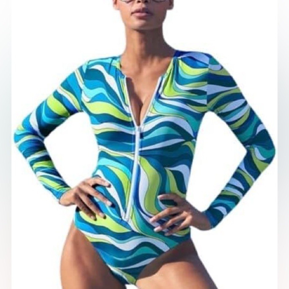 MICHAEL KORS SURF LONG SLEEVE 1PC PADDLE SWIMSUIT RASH GUARD CYAN BLUE 6