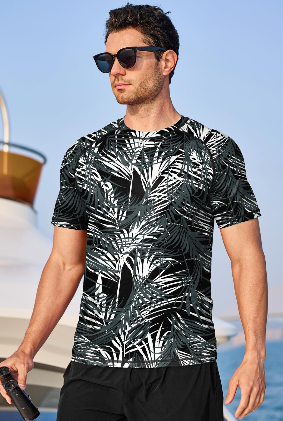 Men Rash Guard Swim Shirts UPF 50+ Sun Protection Quick Dry Allover Print Cam…
