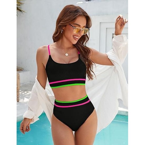 MSRP $43 BMJL Women’s Black S High Waisted Bikini Ribbed Two Piece Swimsuit Hi