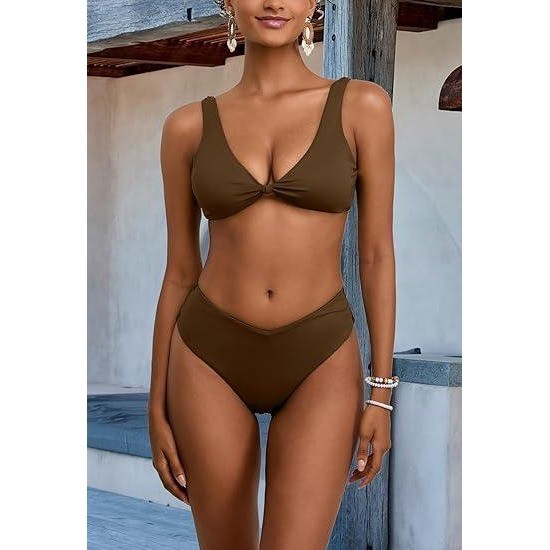 MSRP $39 Geluboao Women’s M Brown Bikini Sets Two Piece Cheeky High Waisted Kn