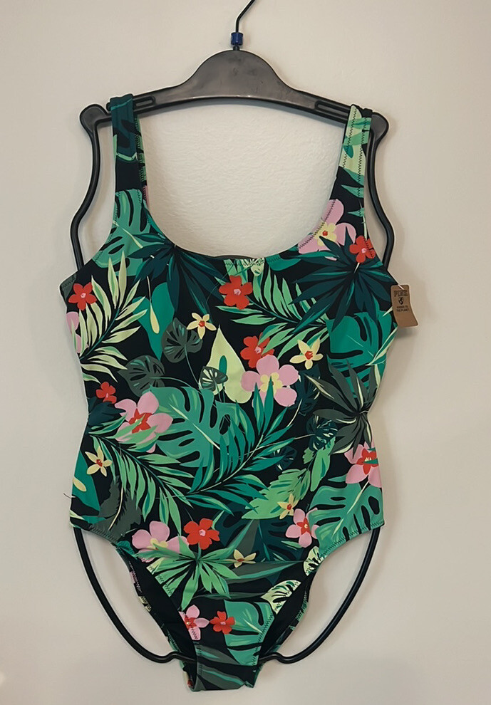 Victoria’s Secret Pink Tropical Floral Scoop Neck One Piece Swimsuit Black XL