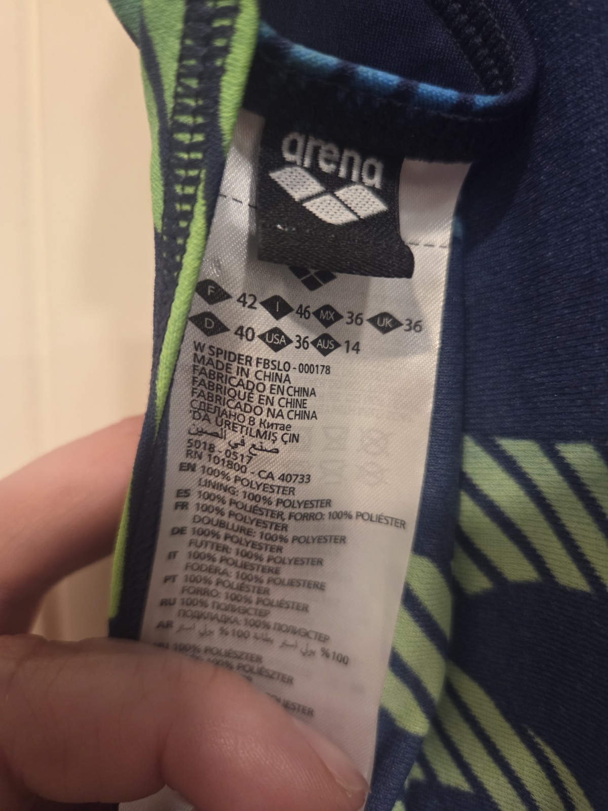 arena Competitive Swim Kneesuit Blue/Green Geometric Print USA 36 Polyester