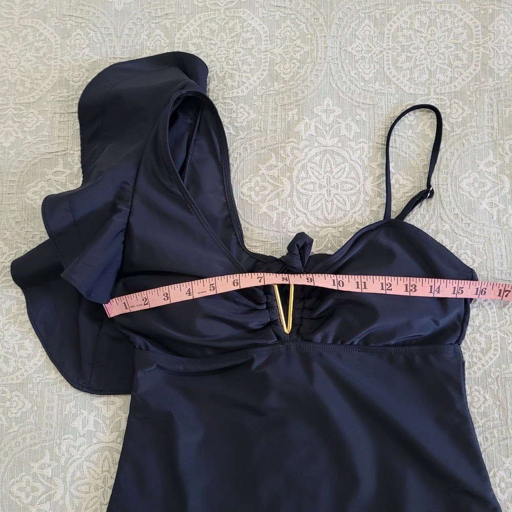 Sporlike Black One Shoulder Ruffle One Piece Swimsuit Gold V Detail Size L