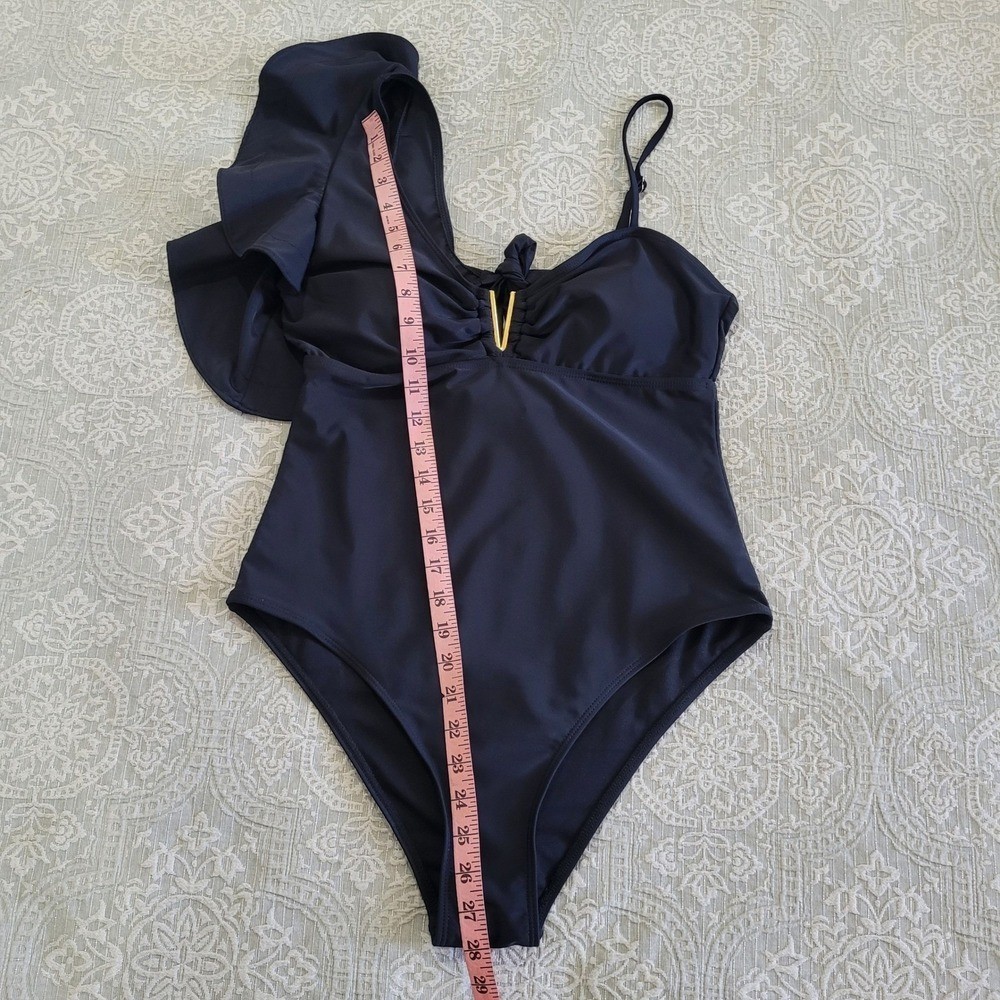 Sporlike Black One Shoulder Ruffle One Piece Swimsuit Gold V Detail Size L