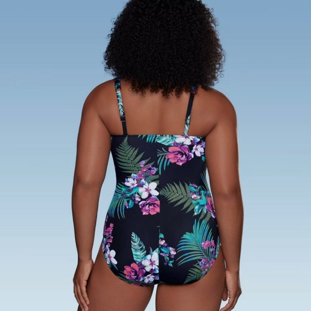 Waist Detail Over the Shoulder One Piece Swimsuit – Aqua Green® Black Foral XL