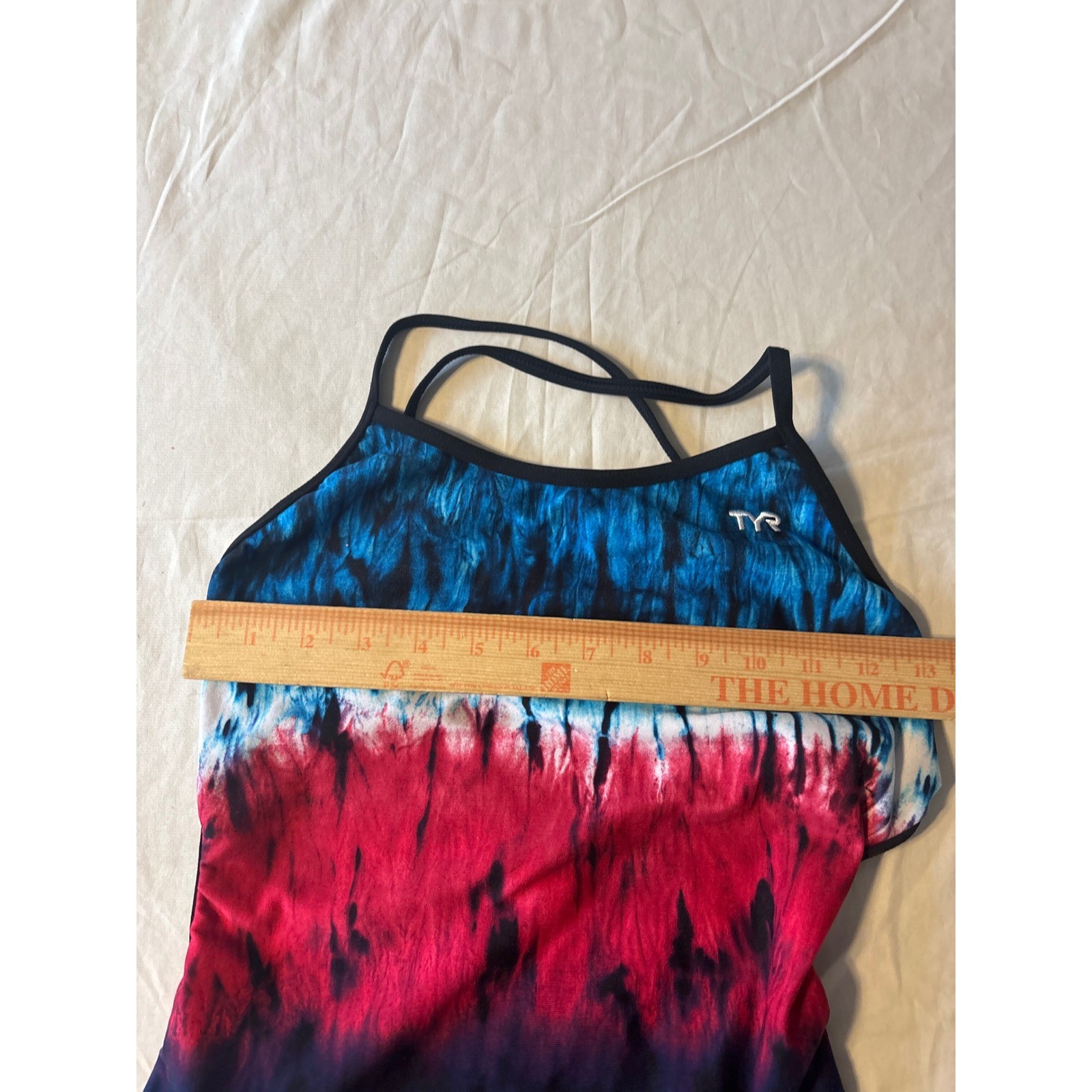 TYR One Piece Swimsuit Women 34 Blue Red Tie Dye Excellent Crossback Athletic