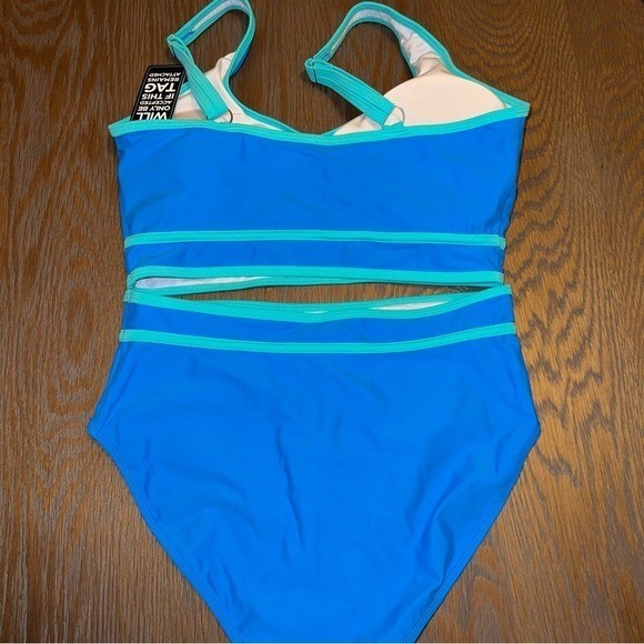 Blue Turquoise Sporty High Waisted Bikini Set Scoop Neck Two Piece Swimsuit M