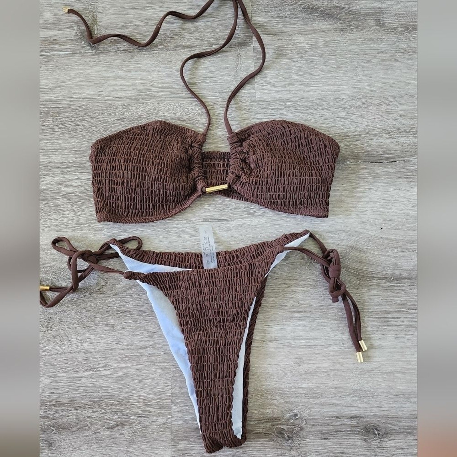 SweatyRocks Women’s 2 Piece brown Ribbed Tie Side Halter Bikini Swimsuit Medium