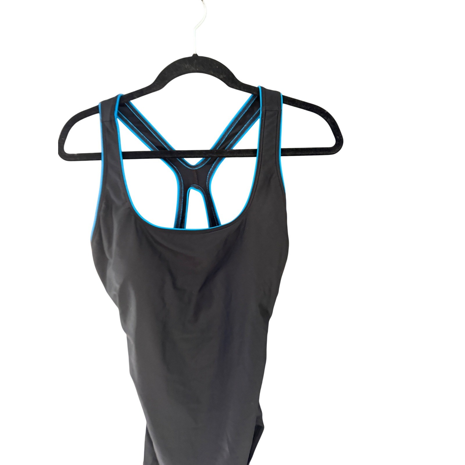 Speedo Womens Size 14 Black Blue Trim Racerback One Piece Swimsuit Athletic Swim
