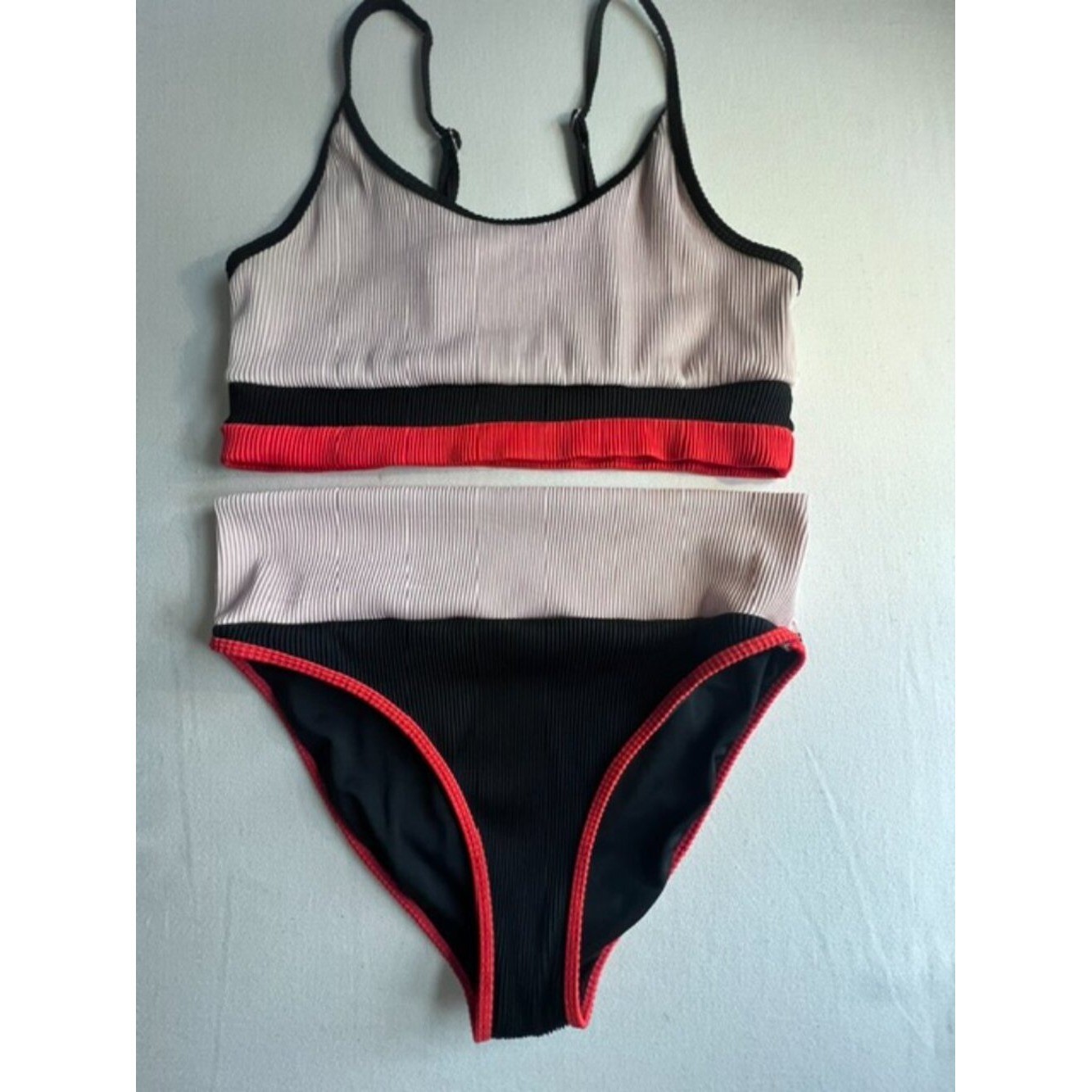 Two-Piece Bikini Set ribbed sporty color block pink black orange high waist