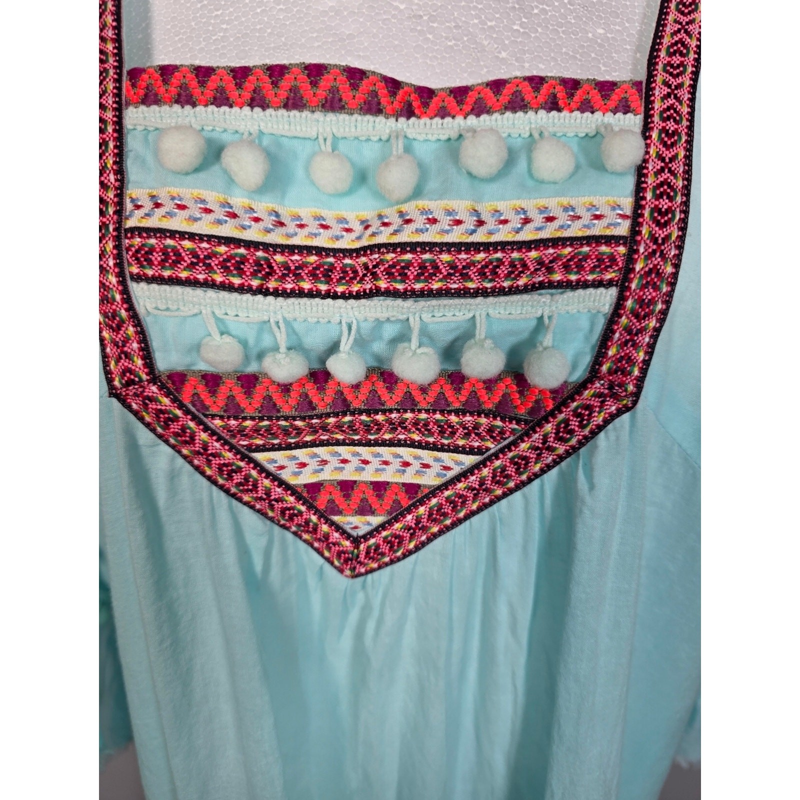 Debbie Katz Tunic L Aqua Embroidered Pom Pom Boho Beach Cover Up
