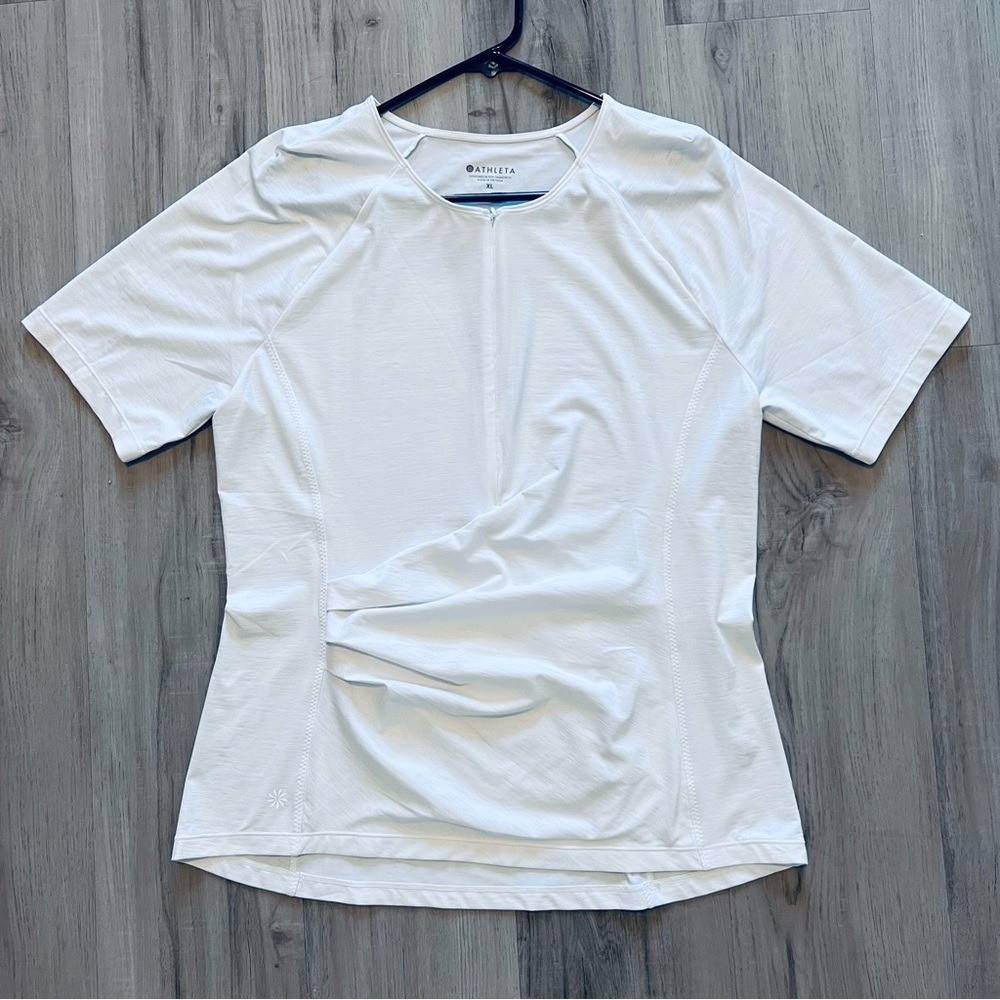 Athleta Pacifica White short sleeve rashguard zip center hidden pocket NWOT XL