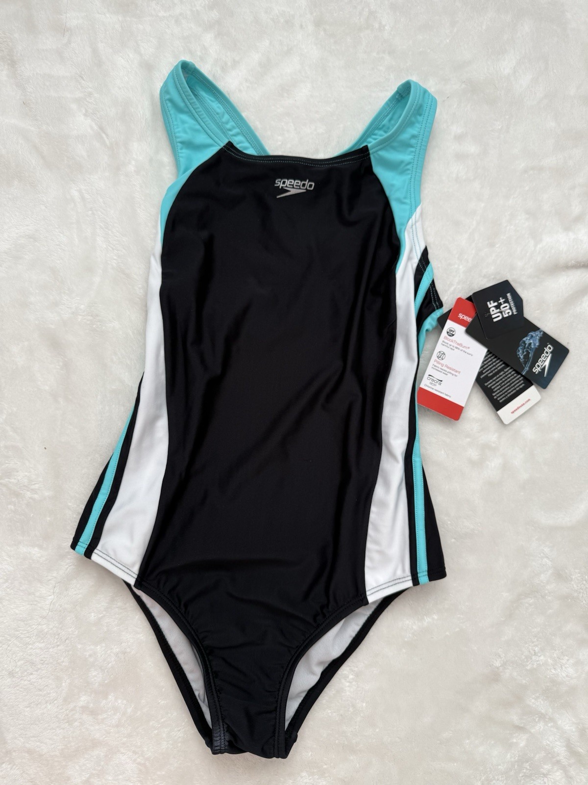 Speedo Women’s One Piece Competitive Swimwear Black Aqua White UPF 50+ Size 38